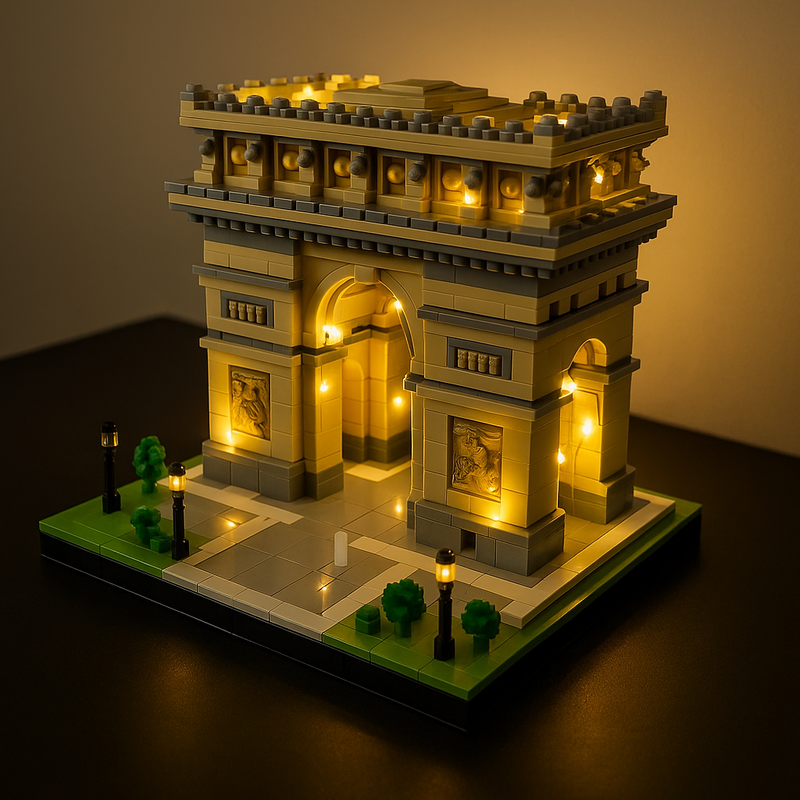 Vue nocturne de l'Arc de Triomphe en briques de construction pour adultes, maquette éclairée – BriquesDeConstruction.com
