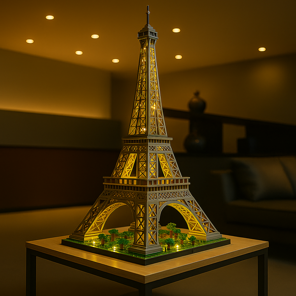 Maquette réaliste de la Tour Eiffel en briques de construction pour adultes, exposition intérieure avec éclairage – BriquesDeConstruction.com
