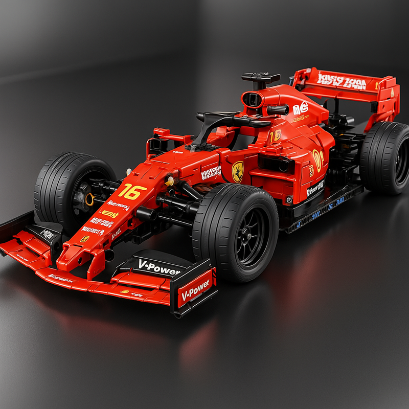 Maquette de voiture de Formule 1 rouge en briques de construction pour adultes, vue latérale – BriquesDeConstruction.com
