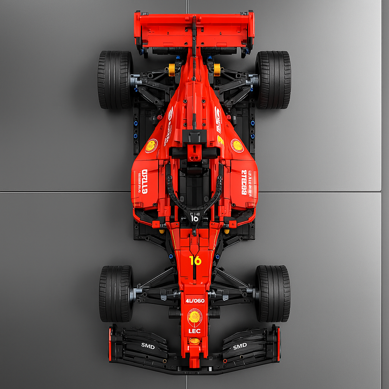 Vue de dessus de la maquette de Formule 1 rouge en briques de construction pour adultes – BriquesDeConstruction.com
