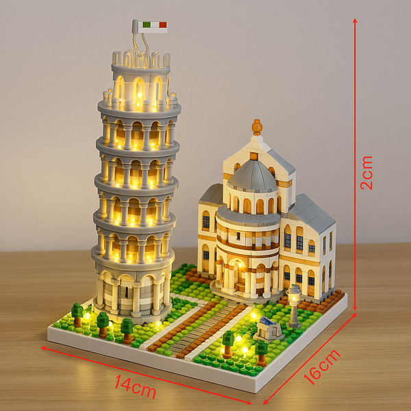 Vue rapprochée de la maquette de la Tour de Pise en briques de construction pour adultes, éclairée – BriquesDeConstruction.com
