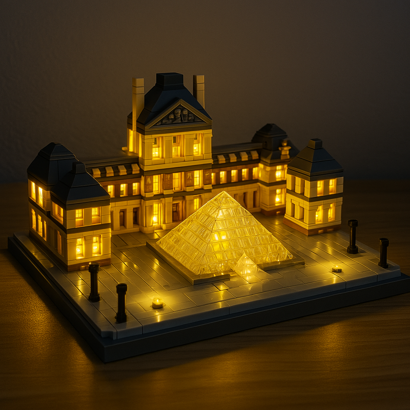 Vue rapprochée de la pyramide et de la façade du musée du Louvre en briques de construction pour adultes, éclairage nocturne – BriquesDeConstruction.com
