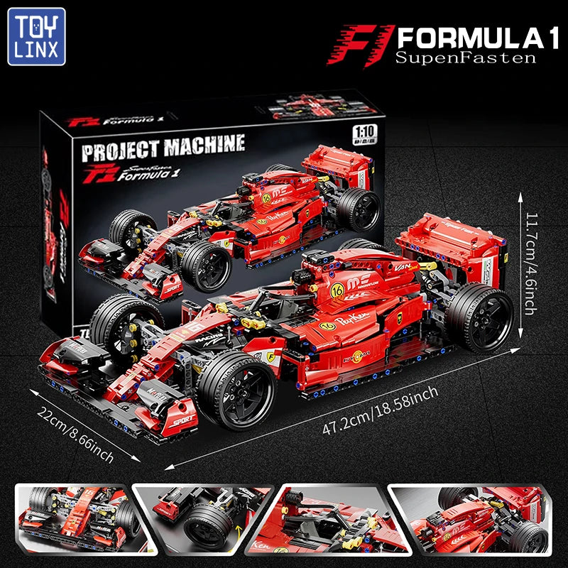 Boîte du kit de construction et vues détaillées de la maquette de Formule 1 rouge en briques pour adultes – BriquesDeConstruction.com
