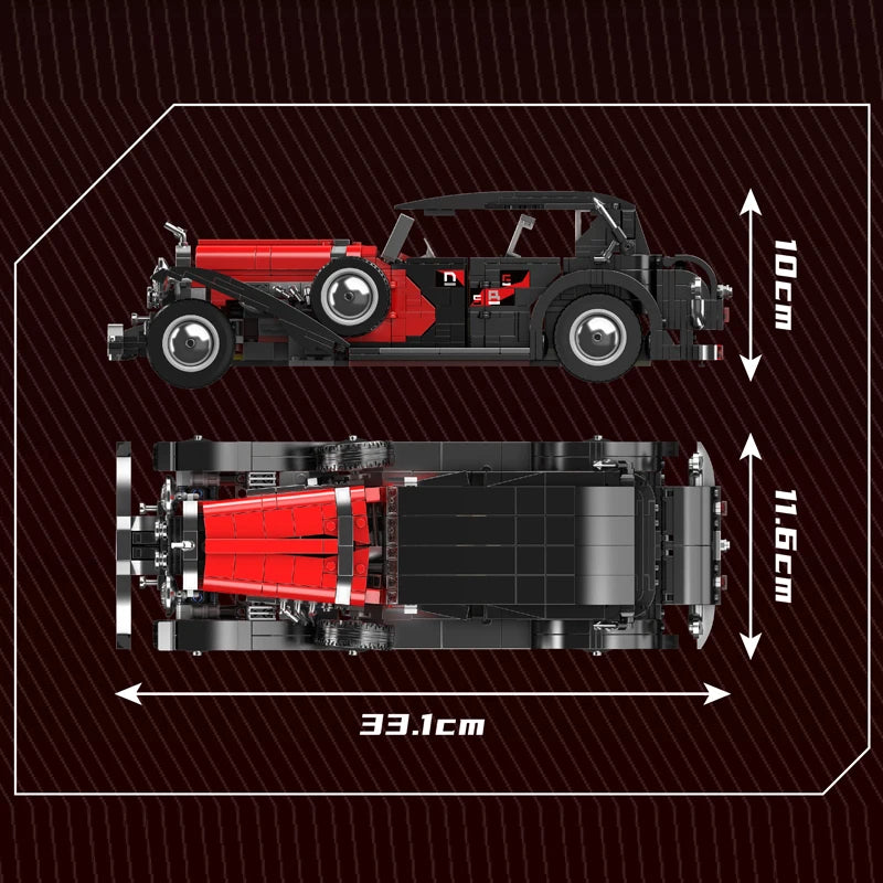 Dimensions et plan technique de la maquette de voiture vintage en briques de construction pour adultes – BriquesDeConstruction.com
