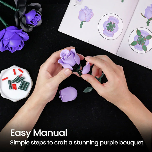Assemblage manuel d'un bouquet de fleurs en briques de construction pour adultes – Kit créatif – BriquesDeConstruction.com
