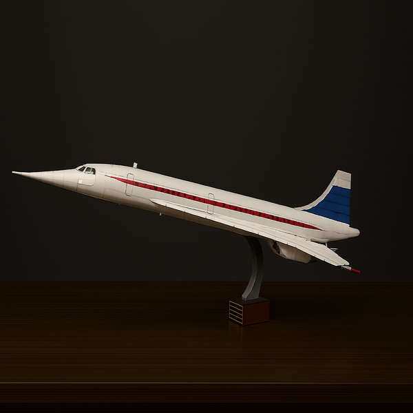 Maquette du Concorde Supersonique en briques à construire – avion blanc sur socle d'exposition
